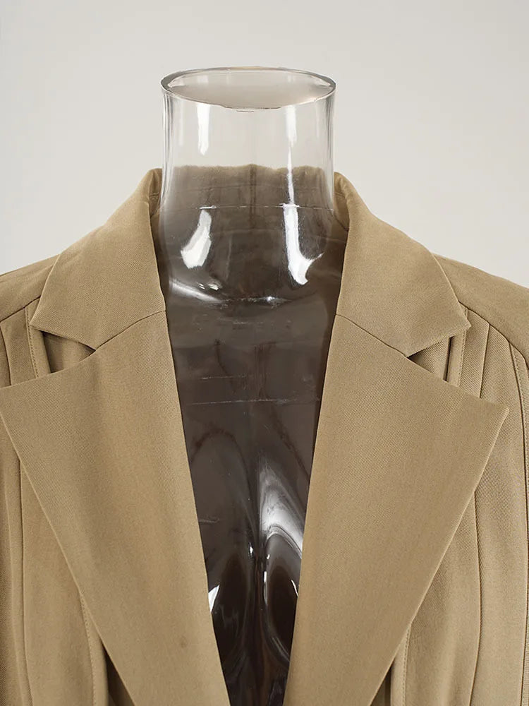 Women's Khaki Irregular Blazer – Elegant Lapel Long Sleeve Jacket