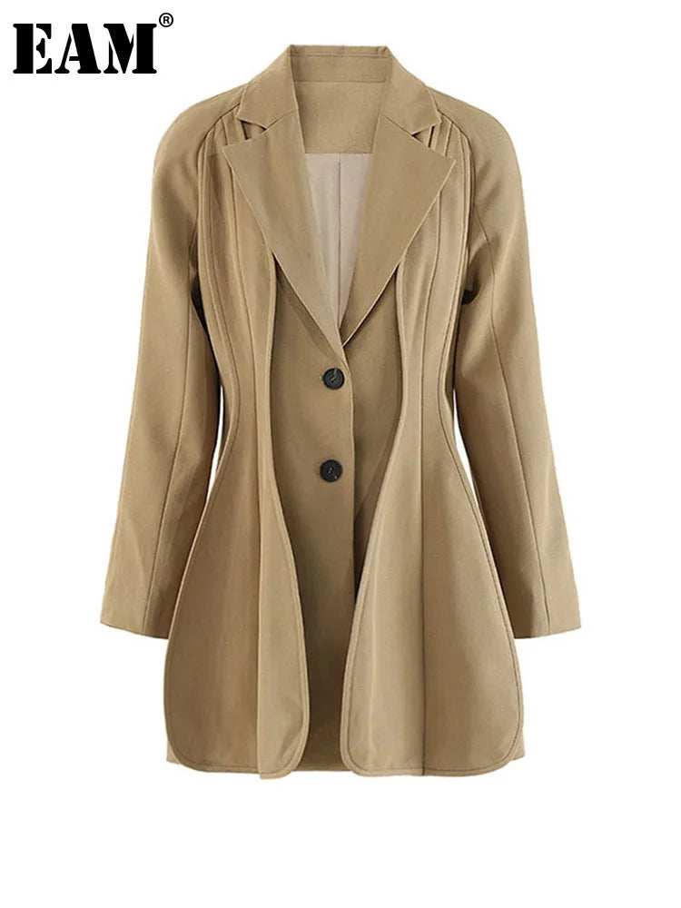 Women's Khaki Irregular Blazer – Elegant Lapel Long Sleeve Jacket