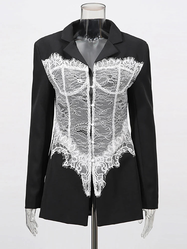 Women's Patchwork Deep V-Neck Blazer – Elegant Embroidered Long Sleeve Single-Breasted Jacket