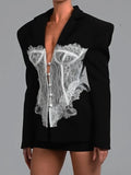 Women's Patchwork Deep V-Neck Blazer – Elegant Embroidered Long Sleeve Single-Breasted Jacket