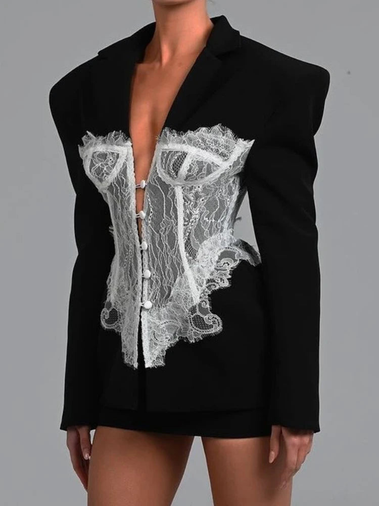 Women's Patchwork Deep V-Neck Blazer – Elegant Embroidered Long Sleeve Single-Breasted Jacket