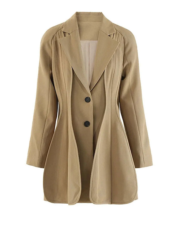 Women's Khaki Irregular Blazer – Elegant Lapel Long Sleeve Jacket