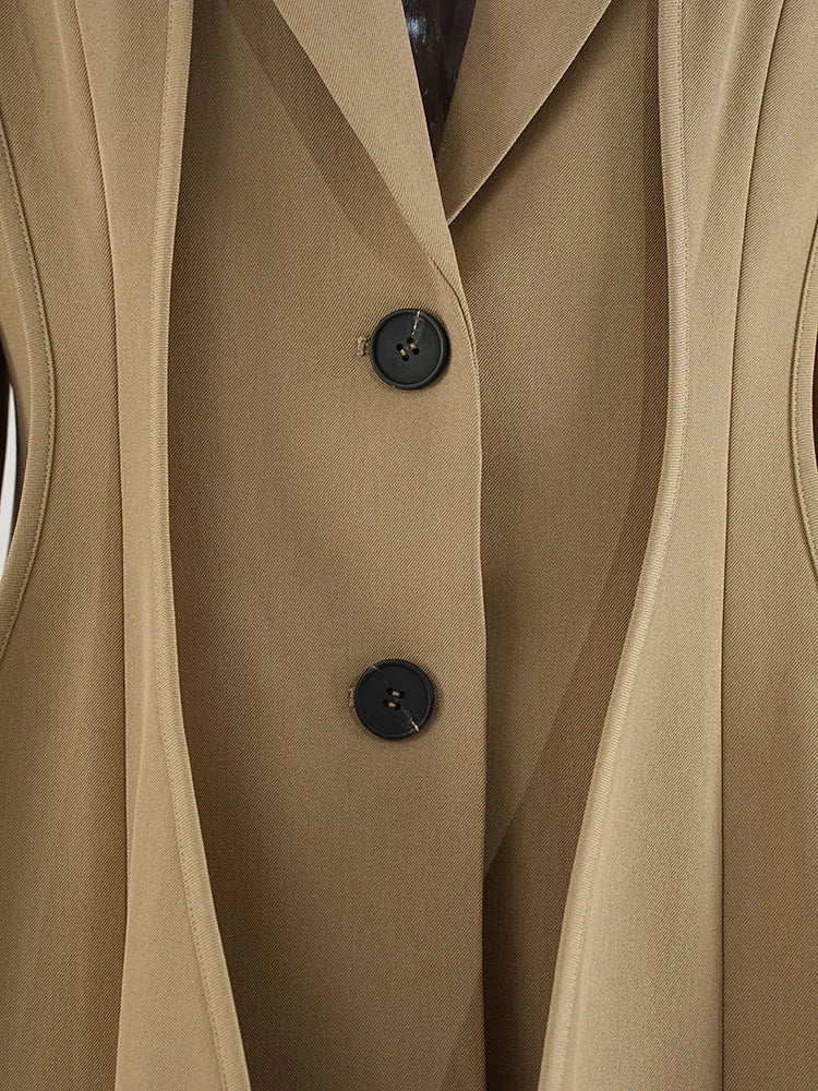 Women's Khaki Irregular Blazer – Elegant Lapel Long Sleeve Jacket