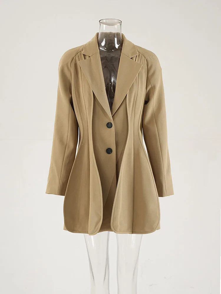 Women's Khaki Irregular Blazer – Elegant Lapel Long Sleeve Jacket